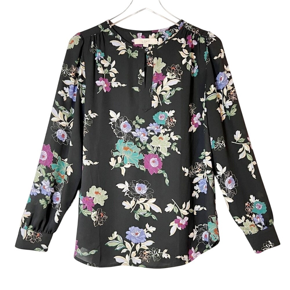 Loft Winter Garden Black Floral Keyhole Long Sleeve Blouse Size S‎